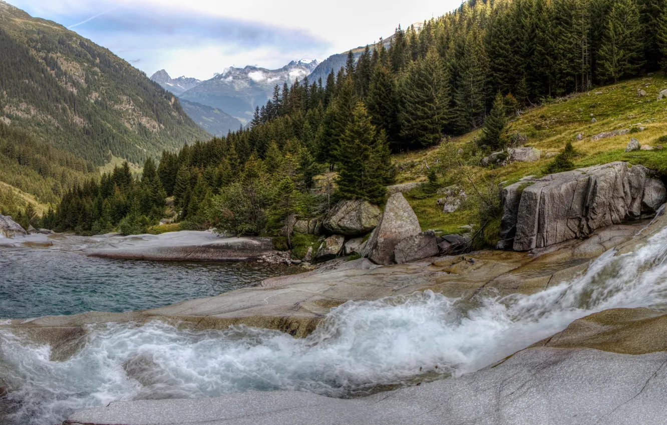 Фото обои горы, река, Швейцария, долина, Альпы, панорама, Switzerland, Alps