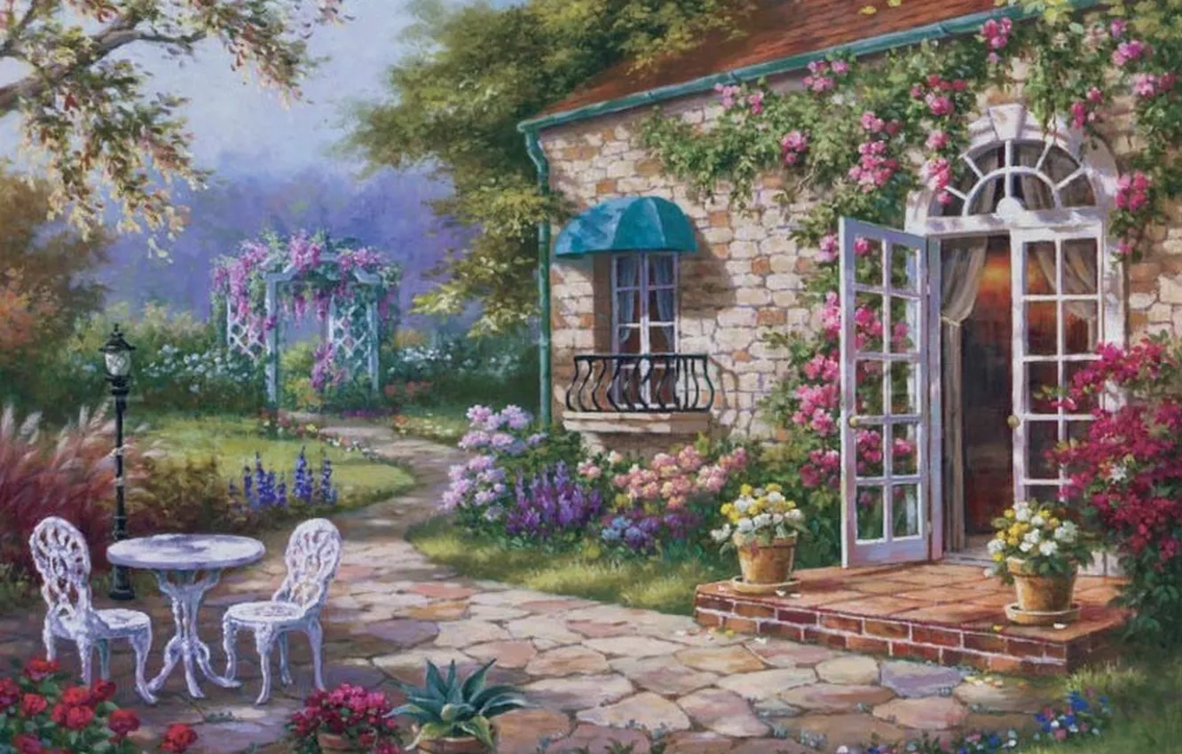 Фото обои цветы, дом, картина, сад, двор, живопись, painting, Sung Kim