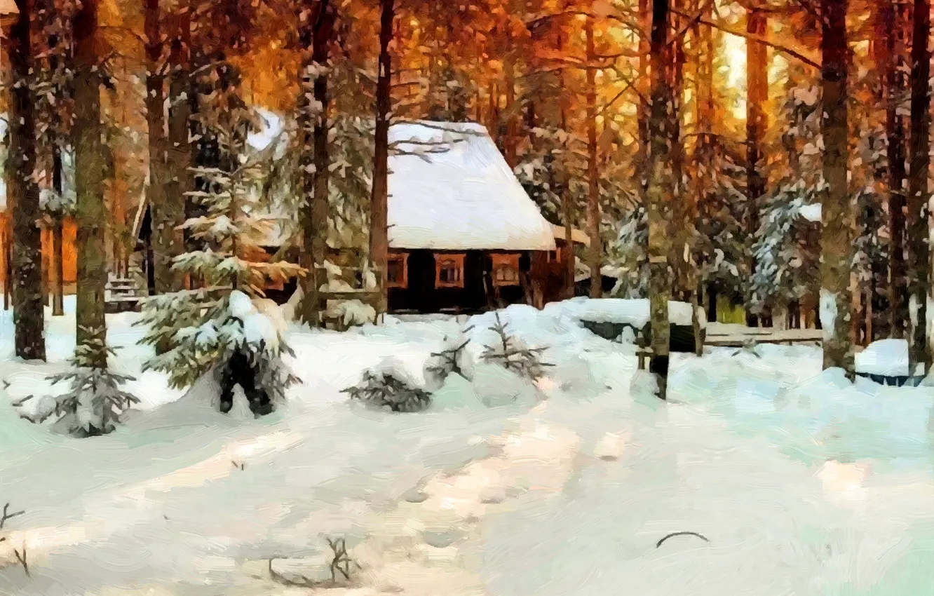Фото обои зима, лес, снег, деревья, дом, масло, картина, холст