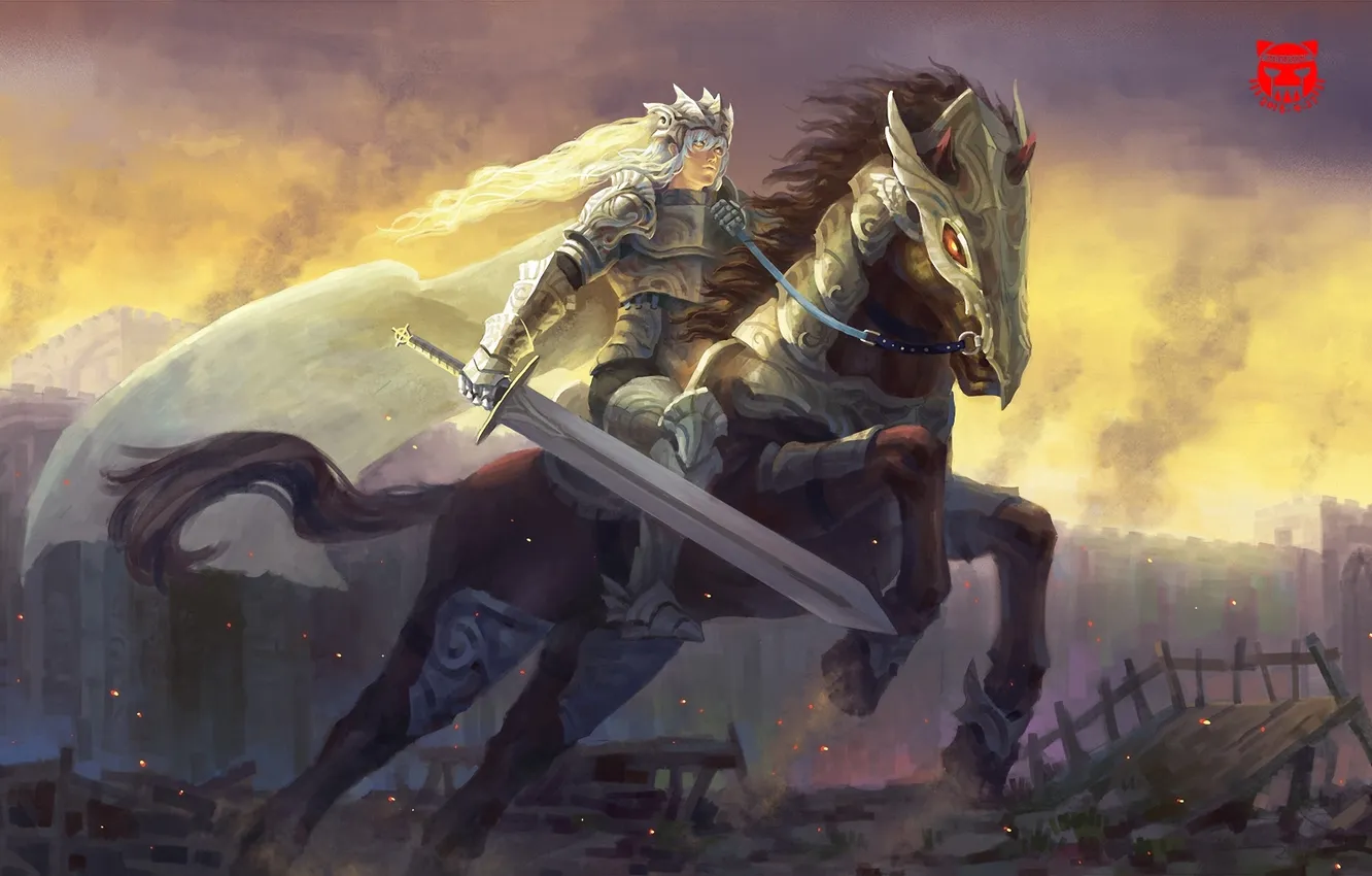 Фото обои девушка, конь, меч, всадница, воин, арт