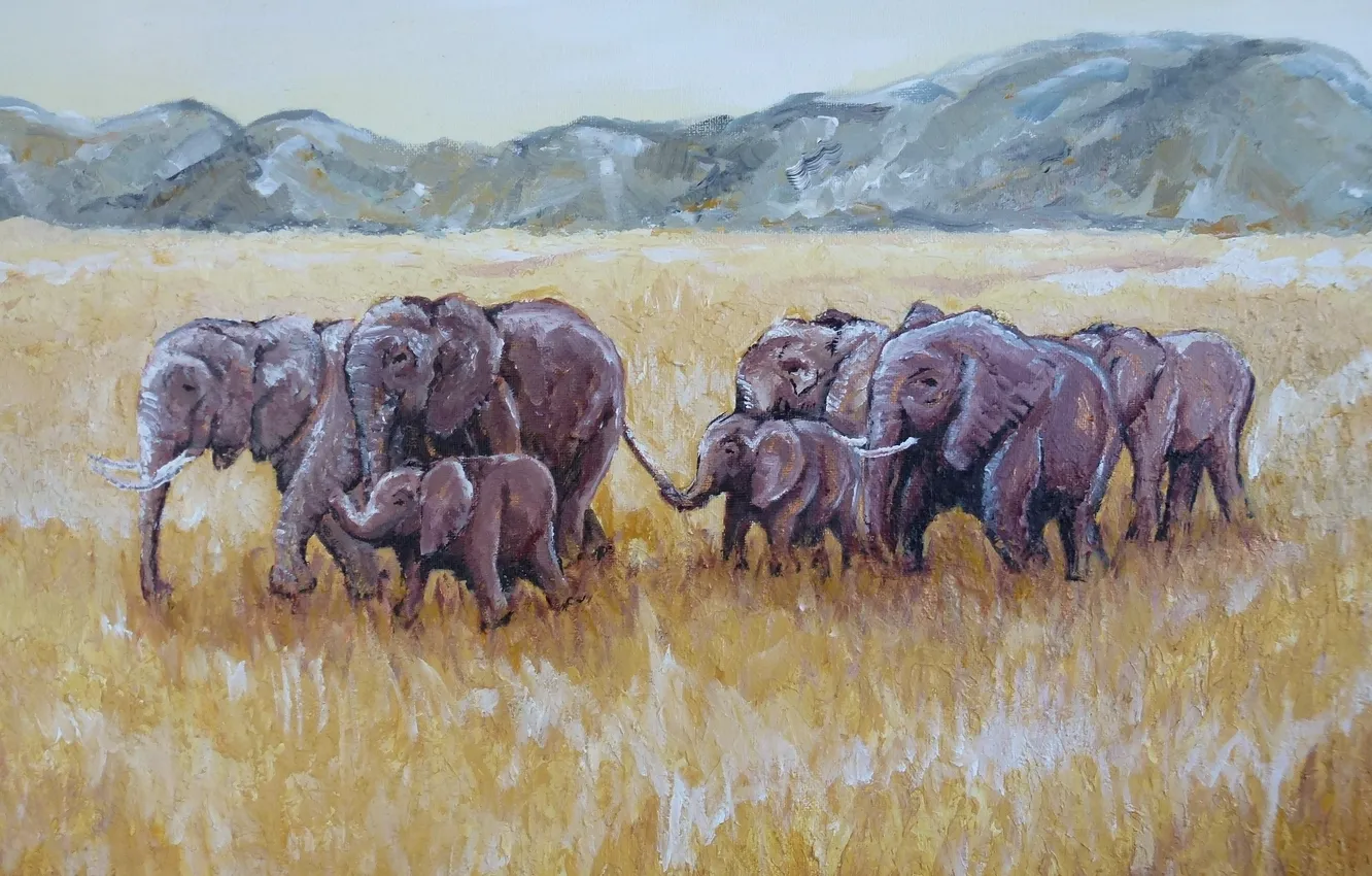 Фото обои трава, горы, арт, саванна, слоны, сухая, elephants, стадо