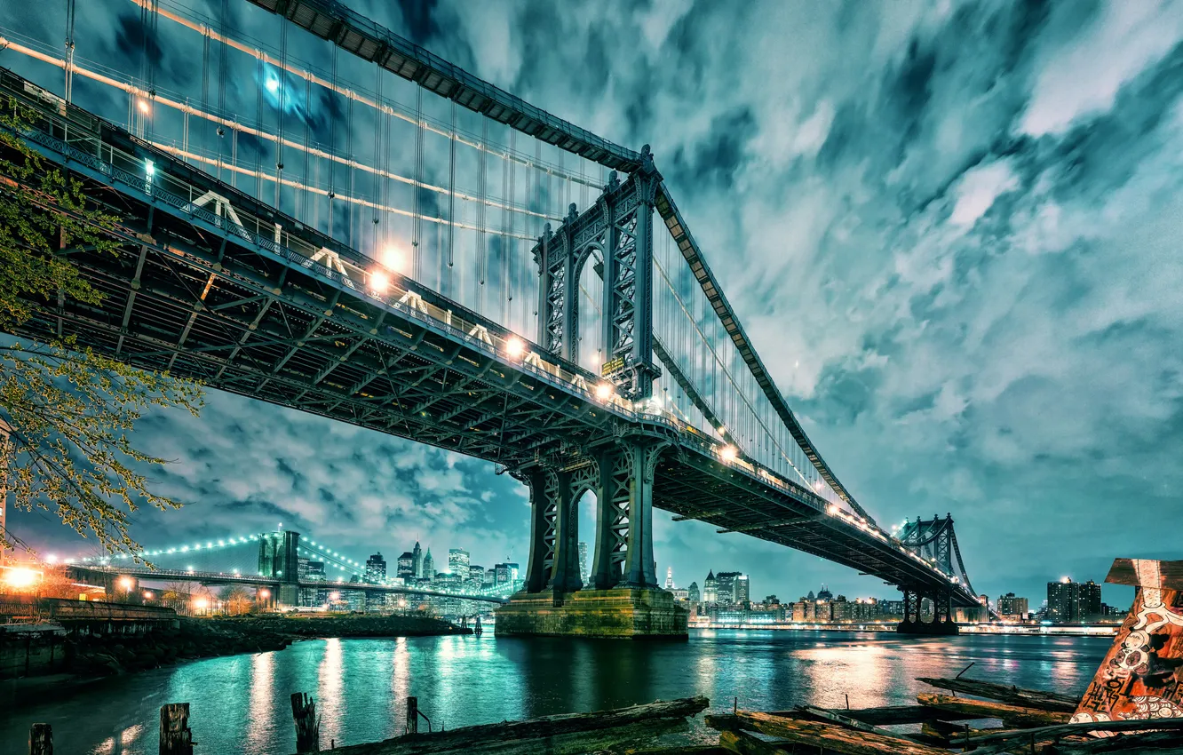 Фото обои мост, город, Нью-Йорк, вечер, USA, Bridge, Brooklyn, Manhattan