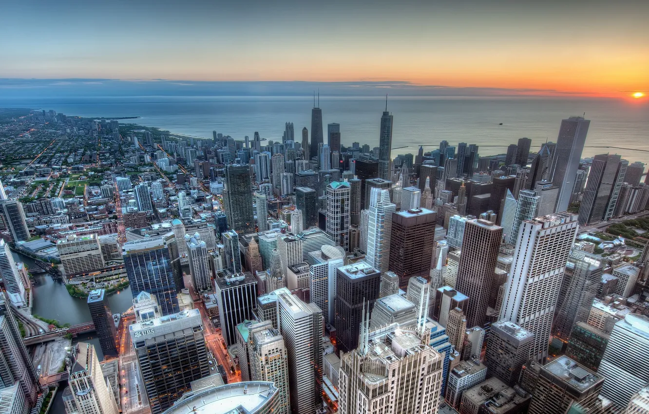 Фото обои закат, побережье, здания, Чикаго, панорама, Chicago, небоскрёбы