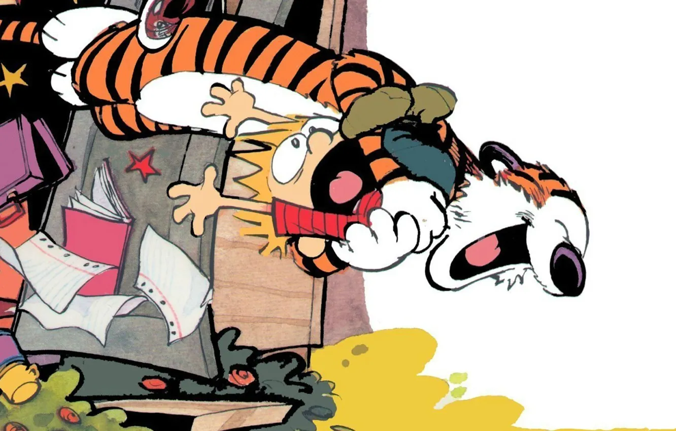 Фото обои смех, Calvin and Hobbes, вопли, схватил, Кельвин, Хоббс, кавардак