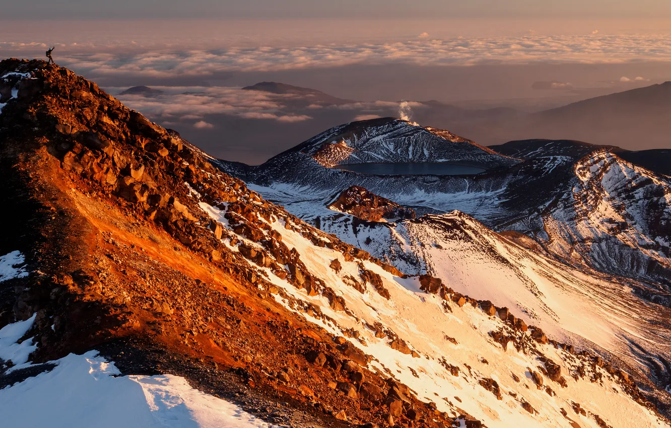 Фото обои sunset, cloud, mountain, snow, mount ngauruhoe