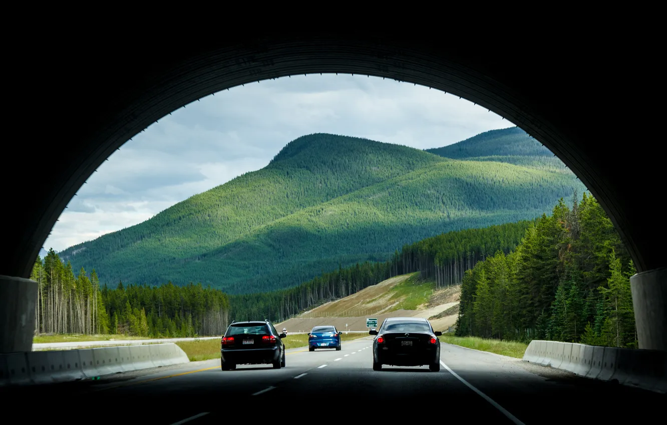 Фото обои дорога, авто, лес, горы, природа, трасса, тунэль