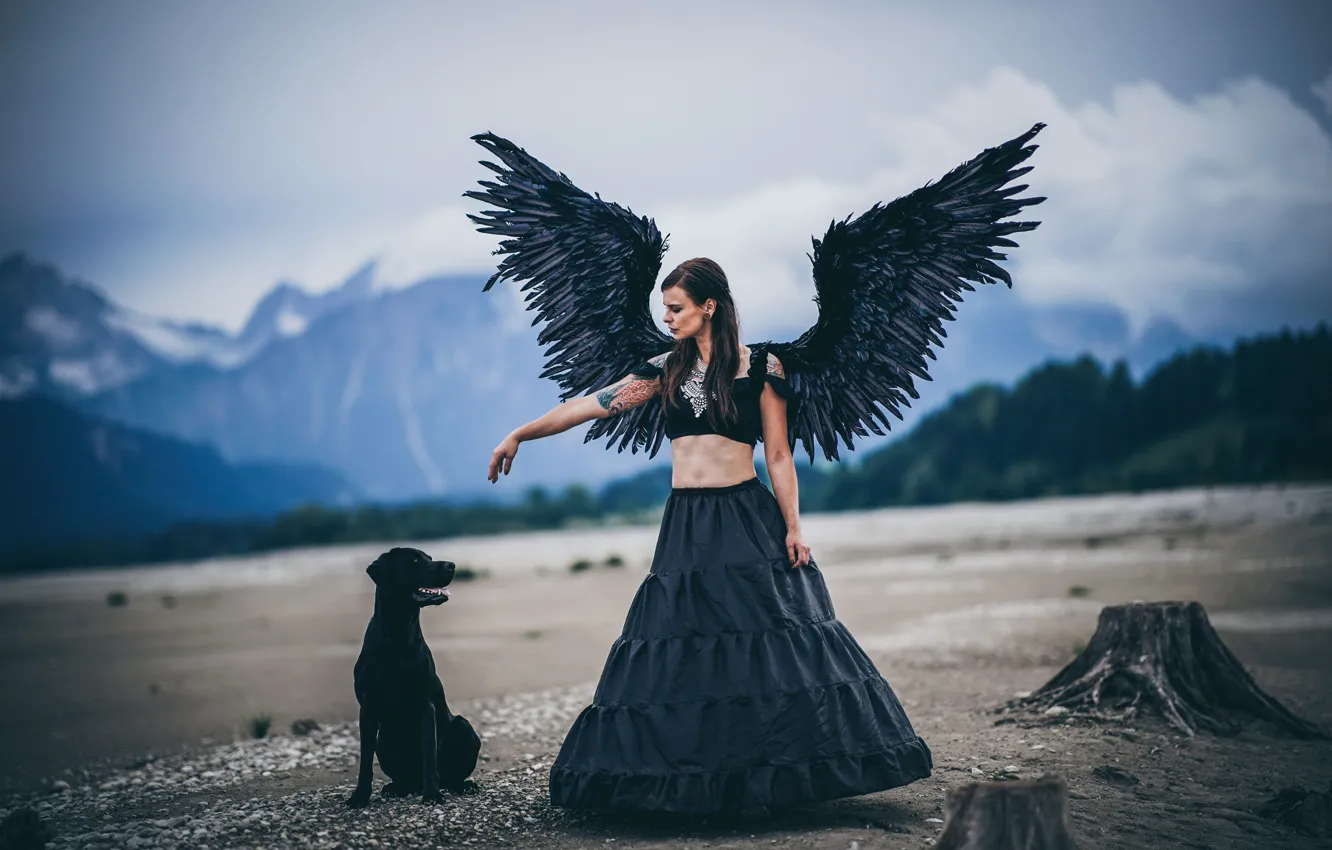 Фото обои девушка, горы, женщина, крылья, собака, ангел, черные