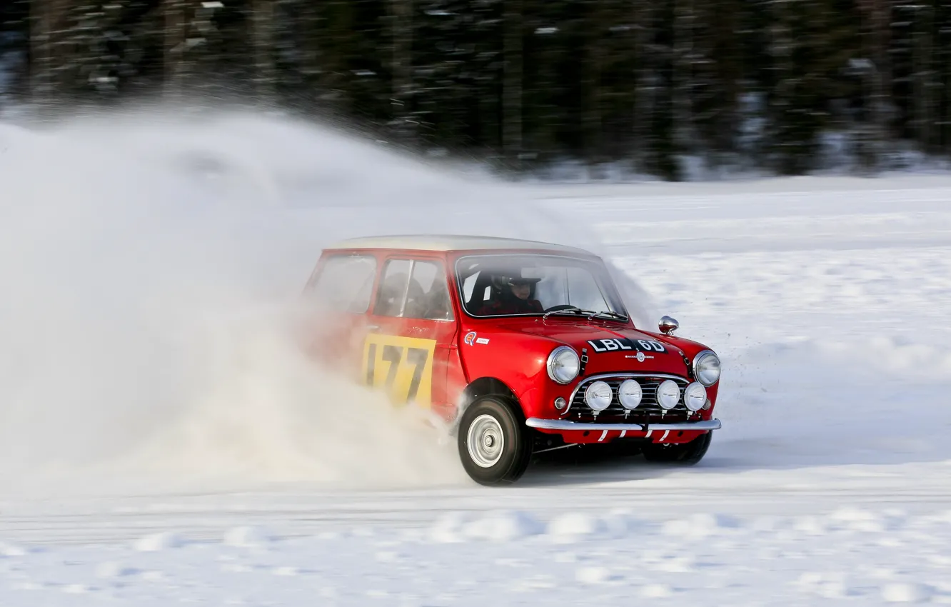 Фото обои Красный, Зима, Снег, Занос, Фары, Mini Cooper, Rally, MINI
