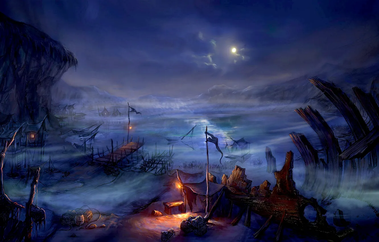 Фото обои облака, огни, туман, скалы, Ночь, Луна, лагерь
