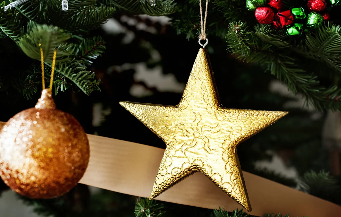Фото обои шары, игрушки, звезда, елка, Новый год
