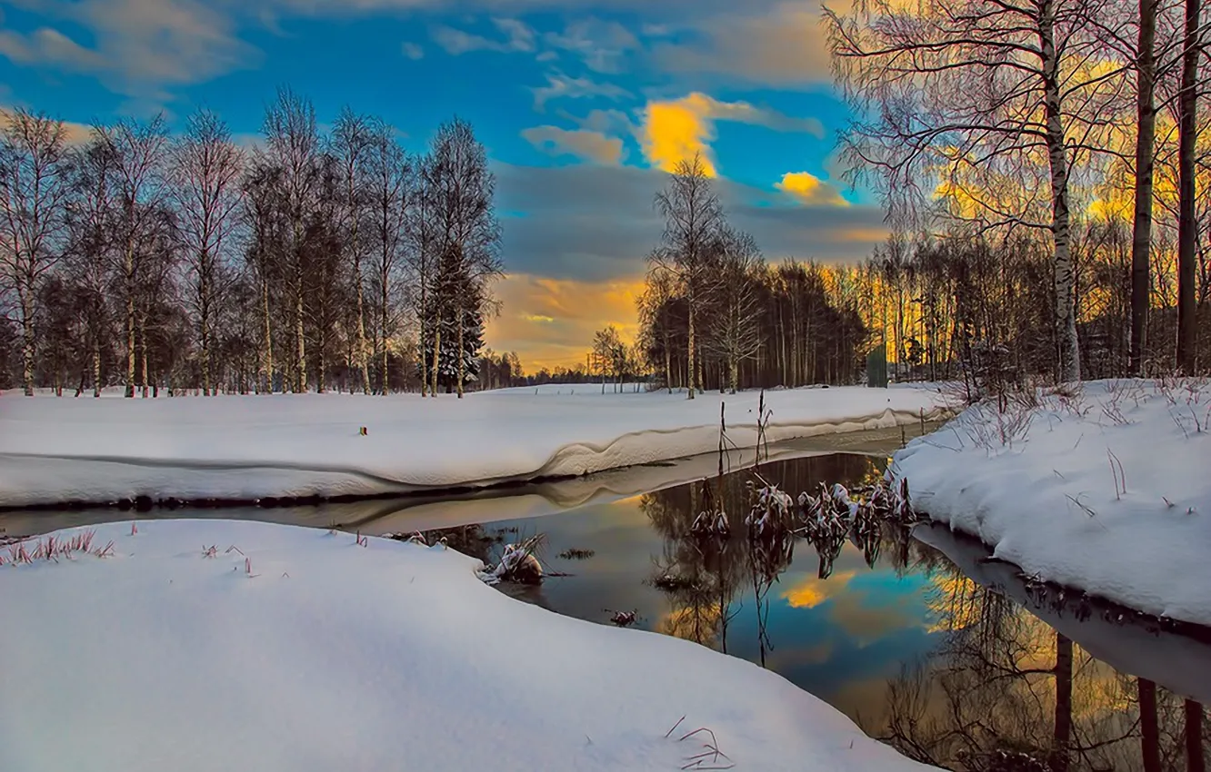 Фото обои зима, небо, облака, деревья, природа, отражение, река
