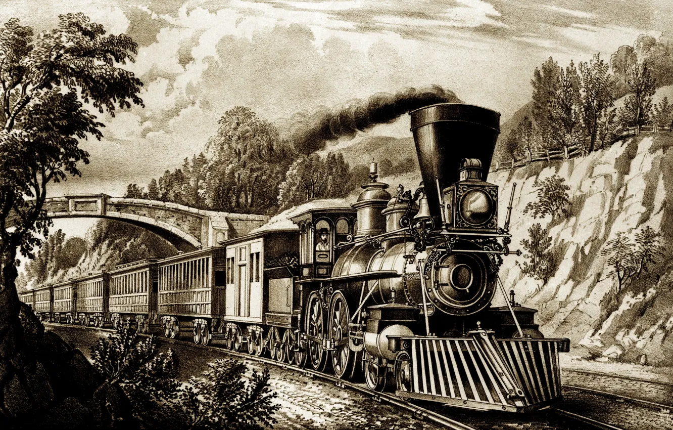 Фото обои дорога, поезд, паровоз, картина, вагон, железная, история, retro
