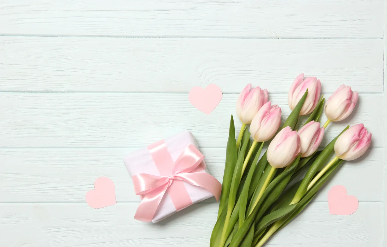 Фото обои цветы, подарок, букет, тюльпаны, розовые, wood, pink, flowers