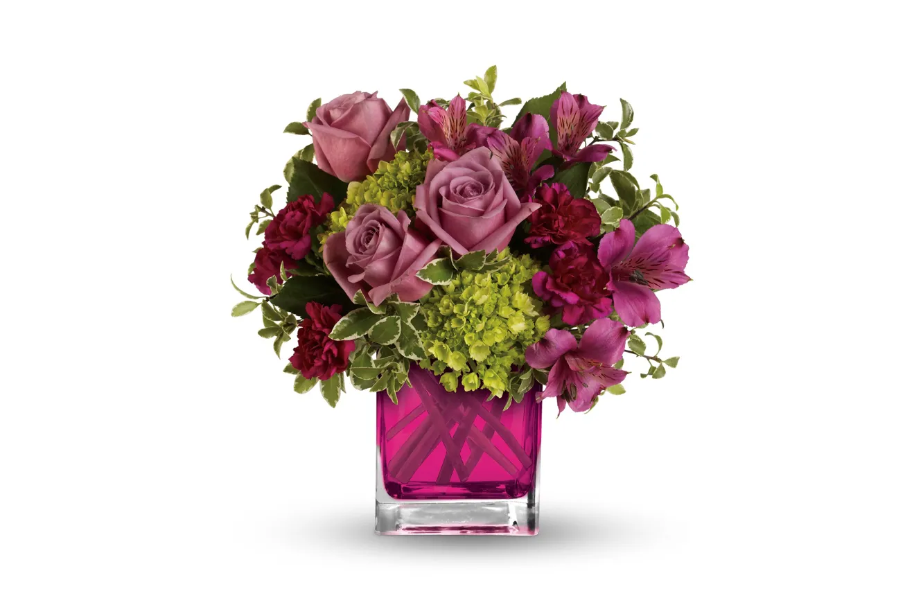 Фото обои розы, букет, ваза, альстрёмерия