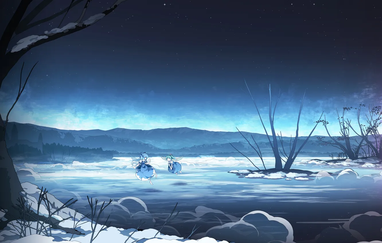 Фото обои небо, звезды, снег, деревья, полет, горы, ночь, природа