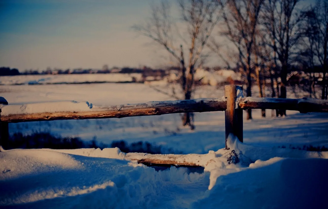 Фото обои зима, снег, деревья, природа, забор, мороз, сугробы
