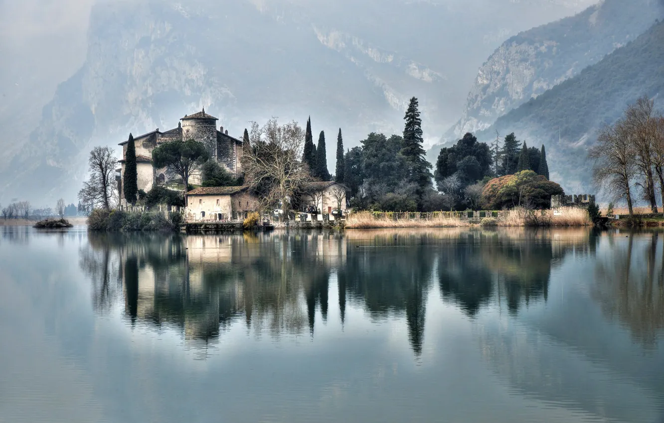 Фото обои горы, озеро, замок, Альпы, Италия, Castel Toblino, Lake Toblino, Calavino