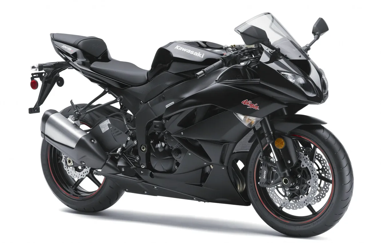 Фото обои черный, мотоцикл, белый фон, байк, motorcycle, superbike, sportbike, Kawasaki Ninja ZX-6R