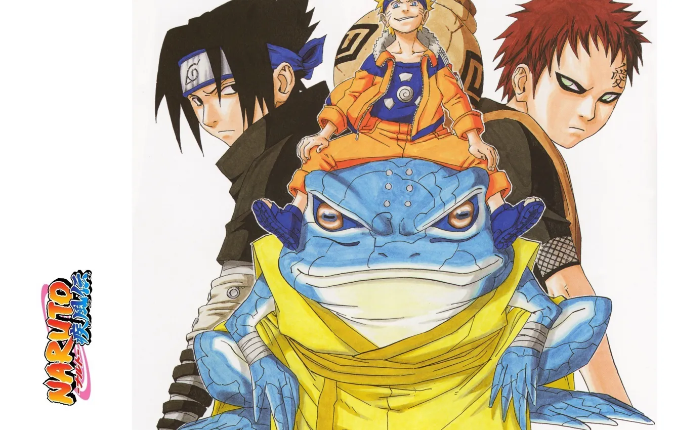 Фото обои взгляд, повязка, Naruto, жаба, ухмылка, ninja, Uchiha Sasuke, Naruto Uzumaki