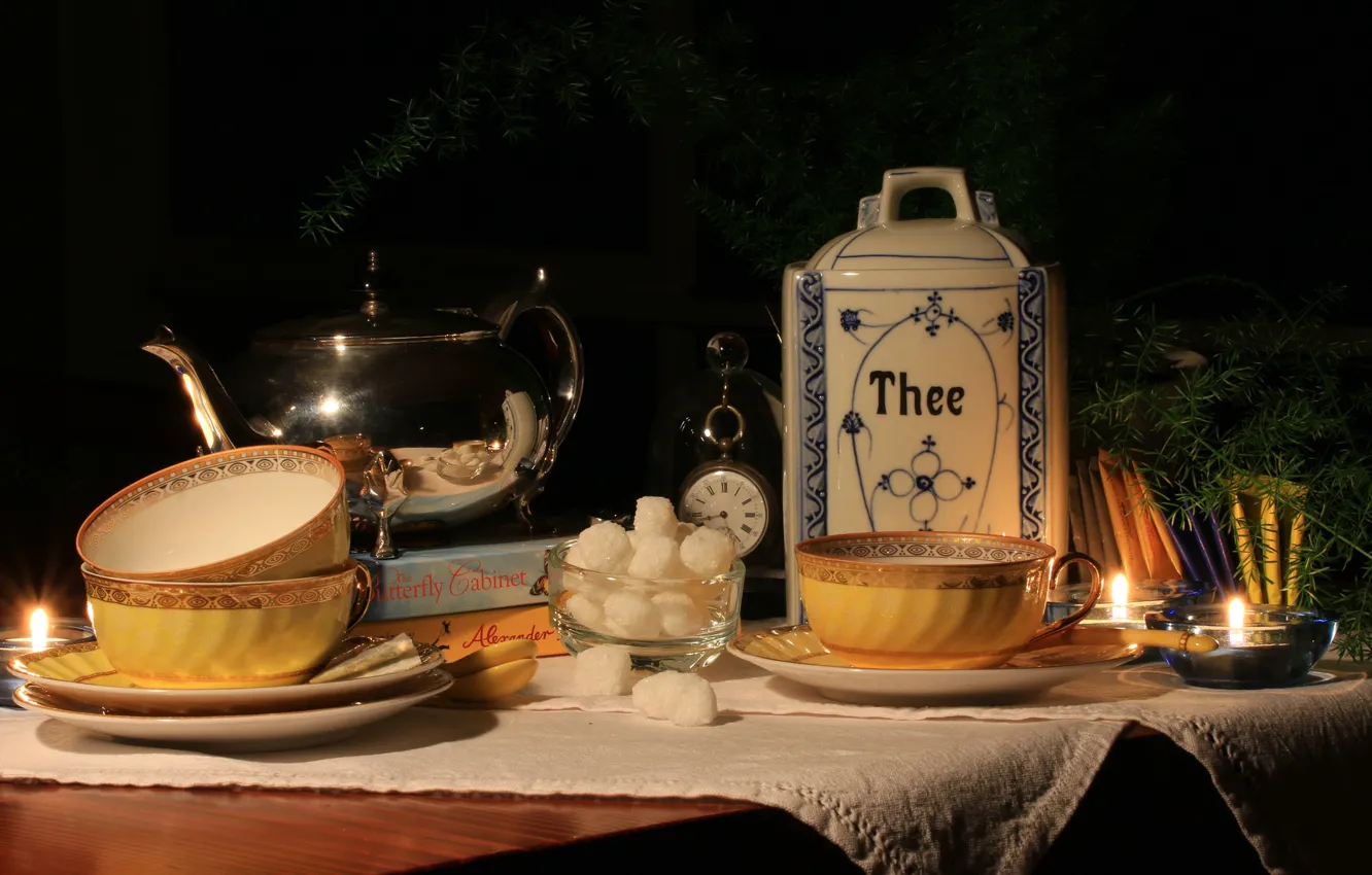 Фото обои чай, свеча, чайник, чашка, сахар, натюрморт