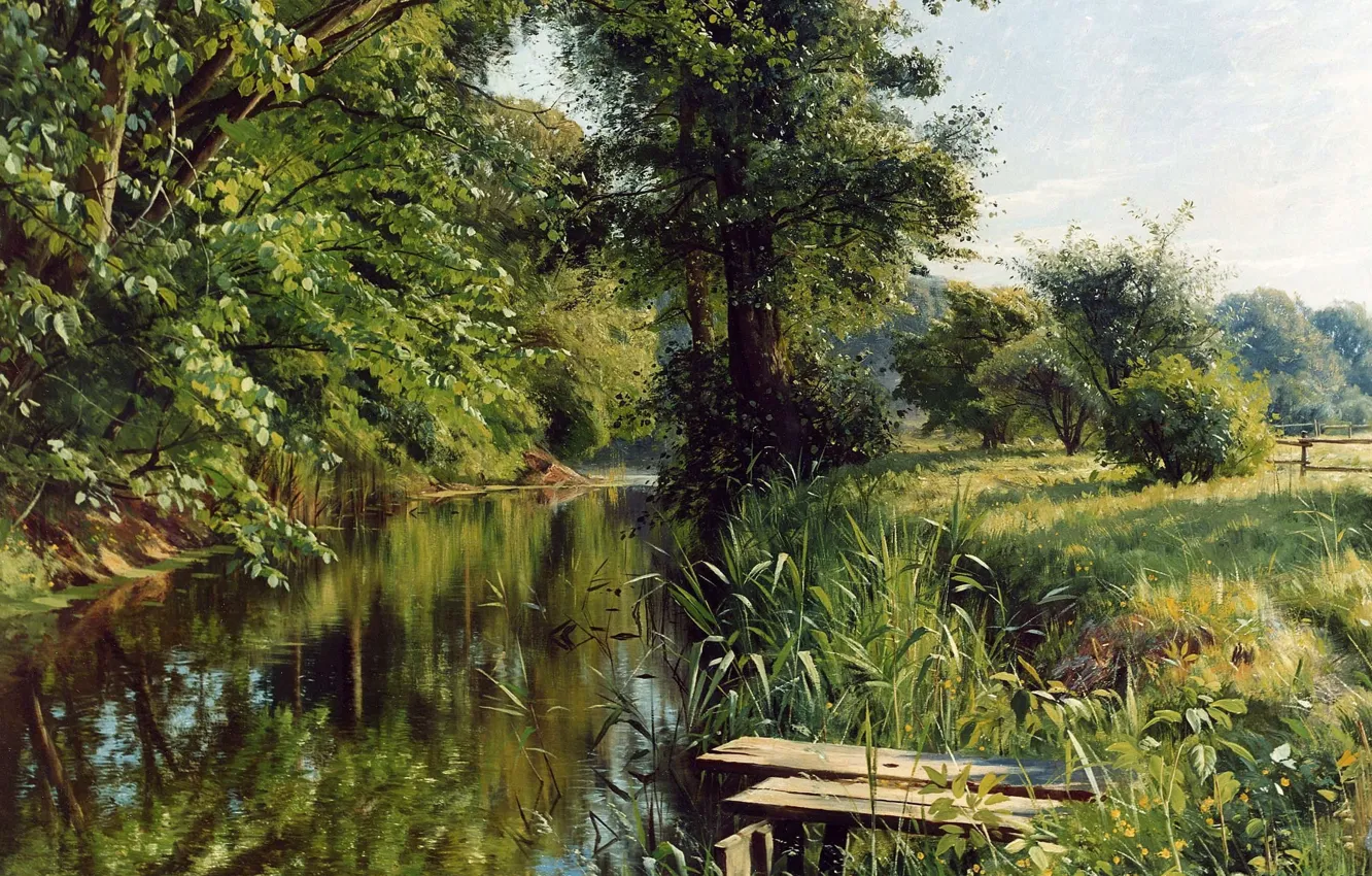 Фото обои 1908, датский живописец, Петер Мёрк Мёнстед, Peder Mørk Mønsted, Danish realist painter, Отражения весны, Reflections …