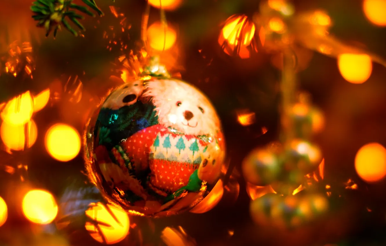 Фото обои огни, настроение, праздник, игрушка, елка, новый год, гирлянда