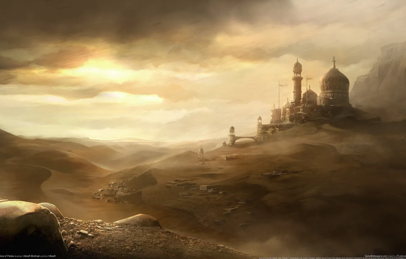 Фото обои песок, небо, город, ветер, пустыня, пыль, prince of persia