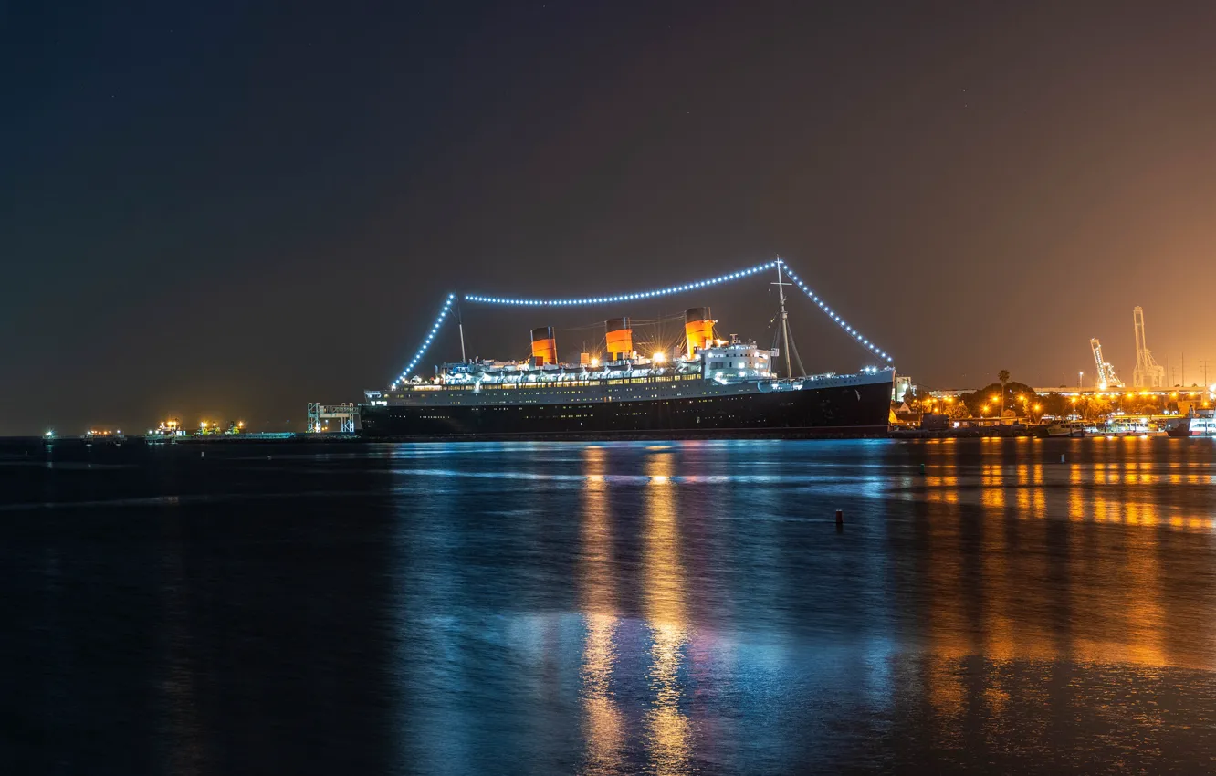 Фото обои ночь, огни, берег, корабли, фонари, Калифорния, залив, США