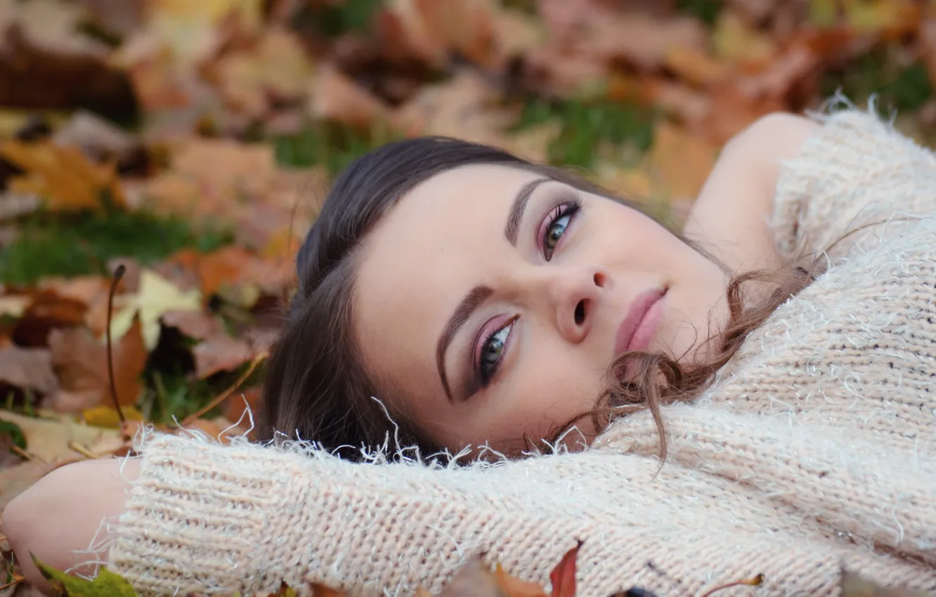 Фото обои осень, листья, девушка, макияж, брюнетка, прическа, симпатичная, на природе
