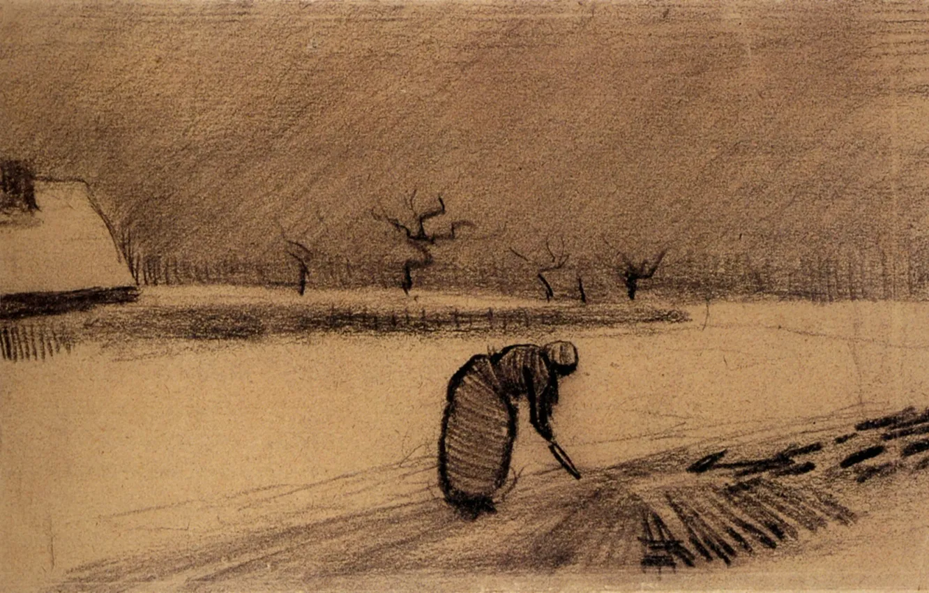 Фото обои Винсент ван Гог, Woman with a Fork, in a Winter Landscape