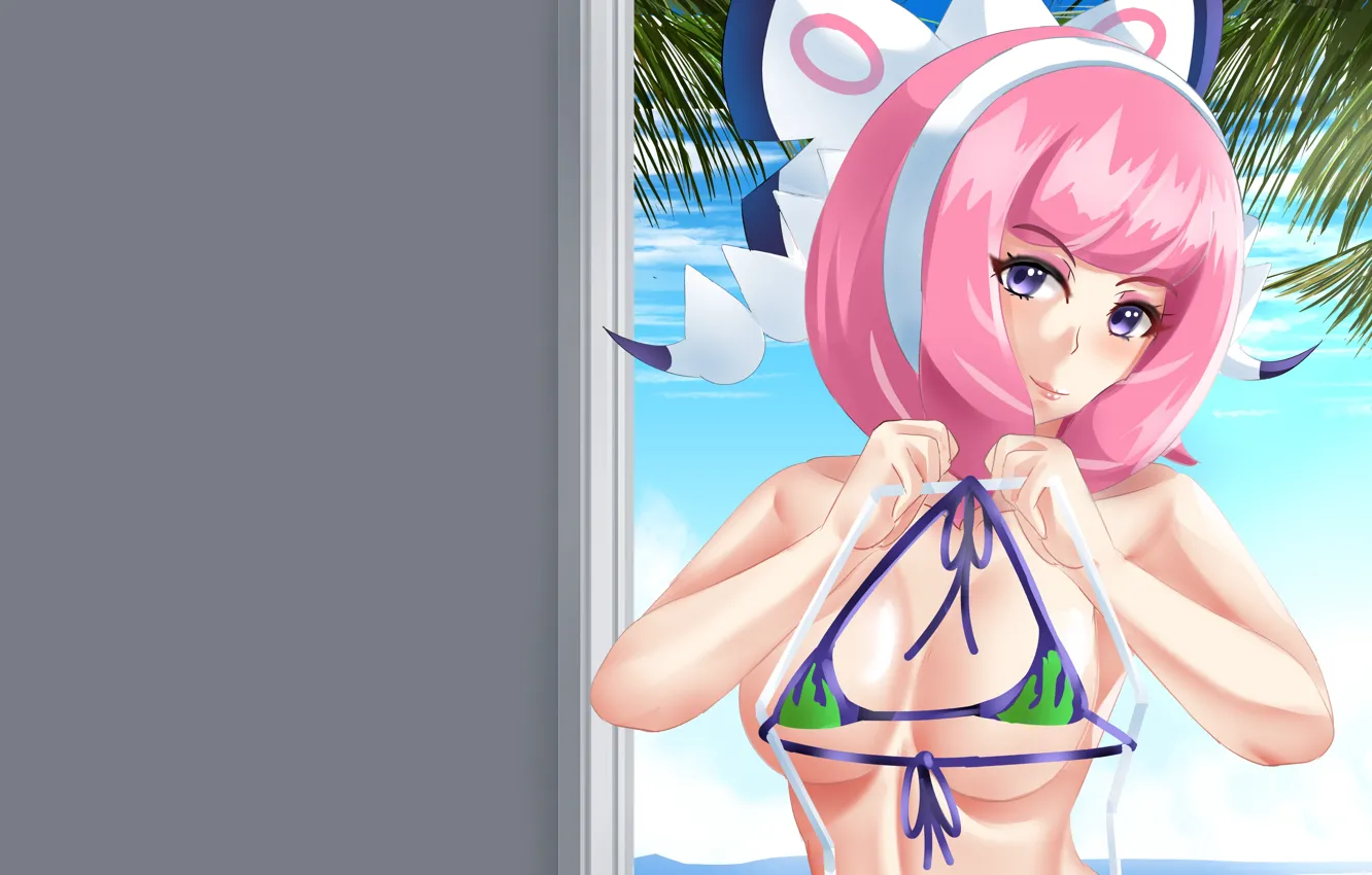 Фото обои girl, sexy, cleavage, pink hair, boobs, anime, beautiful, short hair