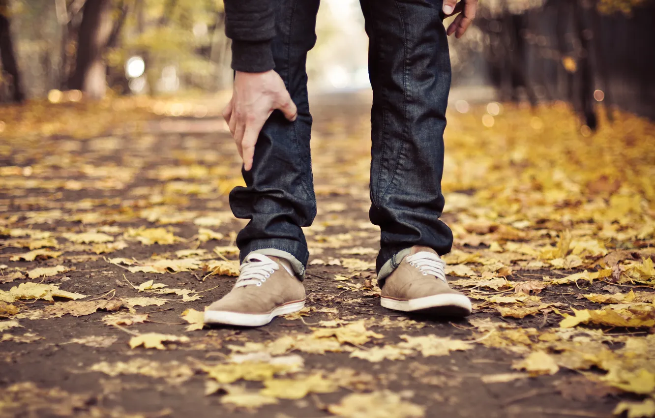 Фото обои дорога, осень, листья, улица, ноги, кеды, шнурки
