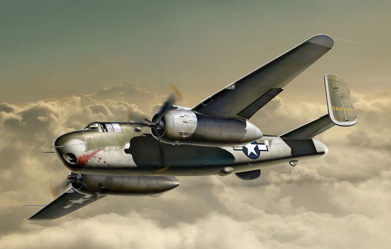 Фото обои бомбардировщик, Art, North American, Mitchell, B-25G