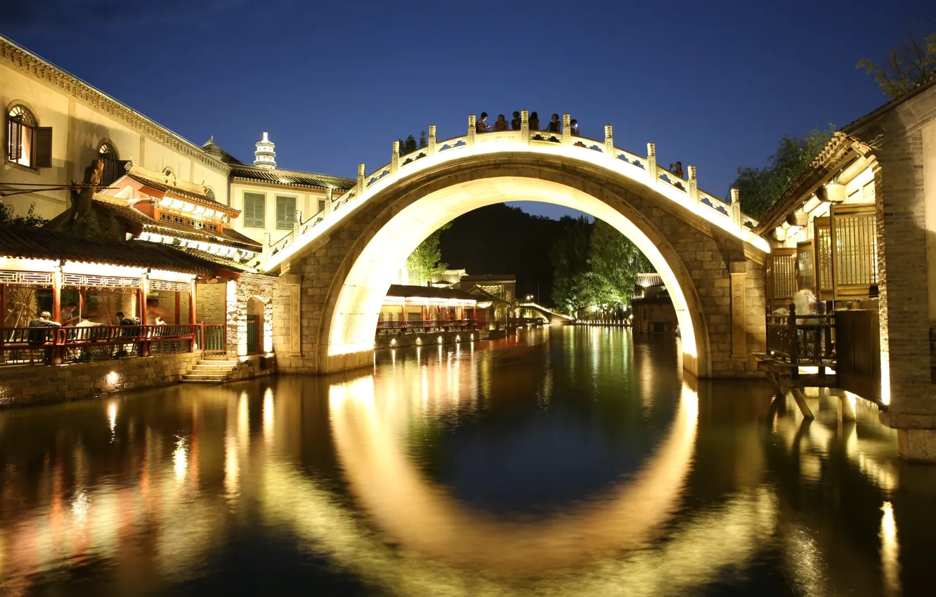 Фото обои city, river, bridge, night, canal