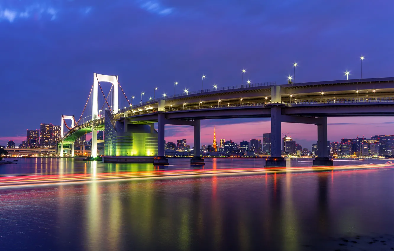 Фото обои небо, ночь, мост, огни, здания, дома, выдержка, Япония