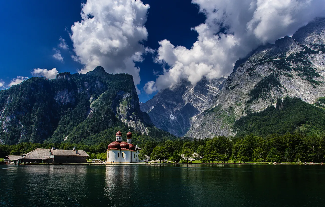 Фото обои Германия, Бавария, церковь, Germany, Bavaria, Bavarian Alps, Баварские Альпы, Königssee lake