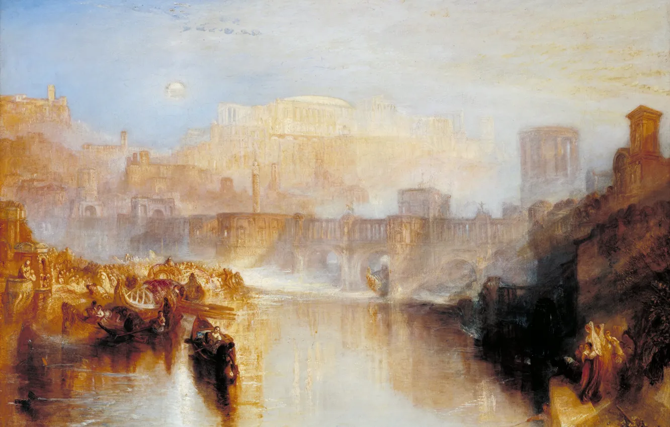 Фото обои пейзаж, мост, река, лодка, картина, жанровая, древний Рим, Уильям Тёрнер