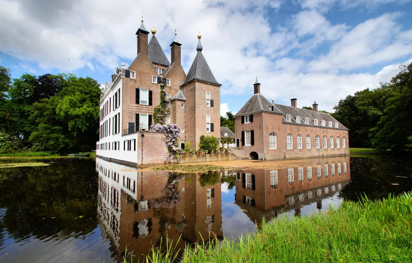 Фото обои пруд, замок, Нидерланды, Castle Renswoude
