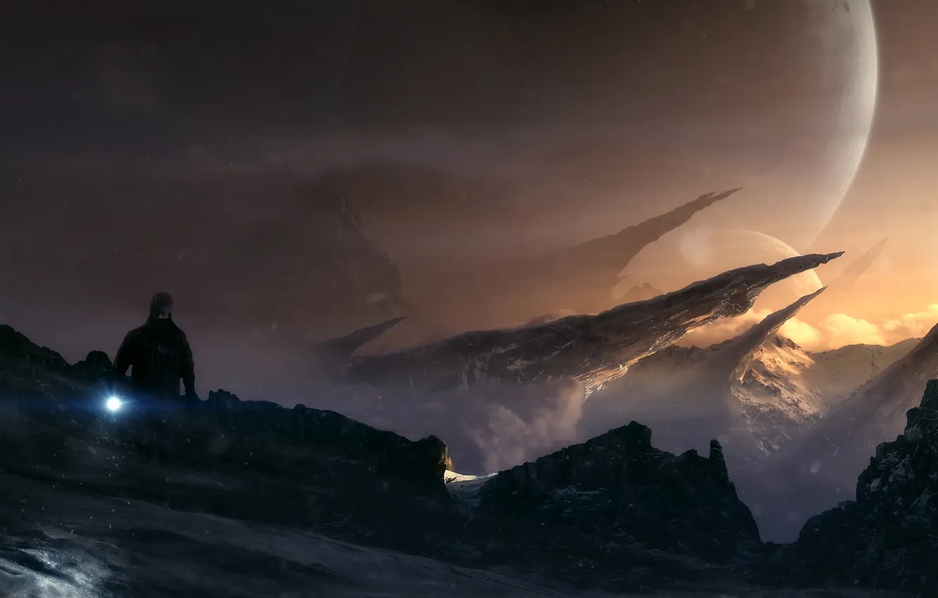 Фото обои холод, снег, скалы, человек, планета, арт, фонарик, фонарь