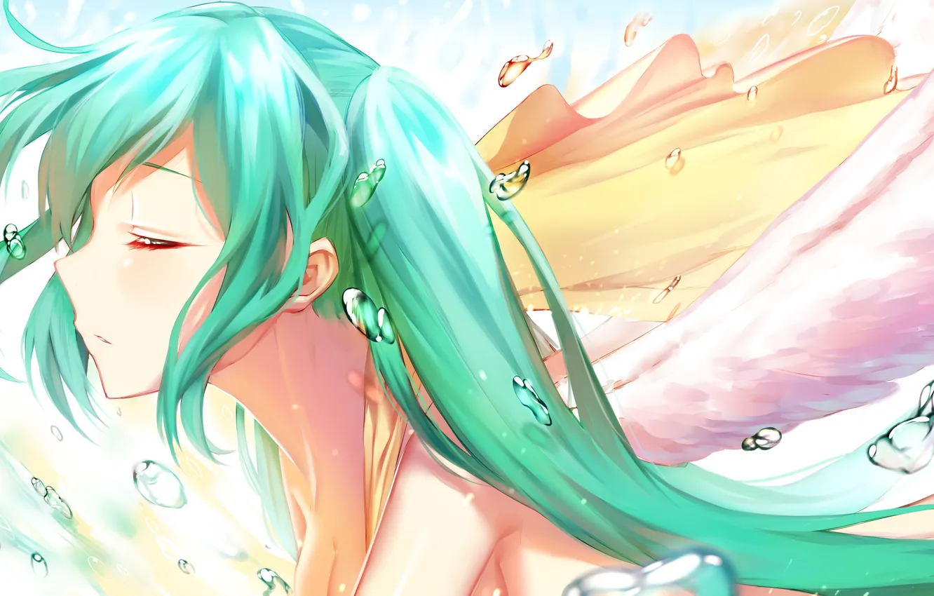 Фото обои девушка, капли, крылья, аниме, арт, профиль, vocaloid, hatsune miku