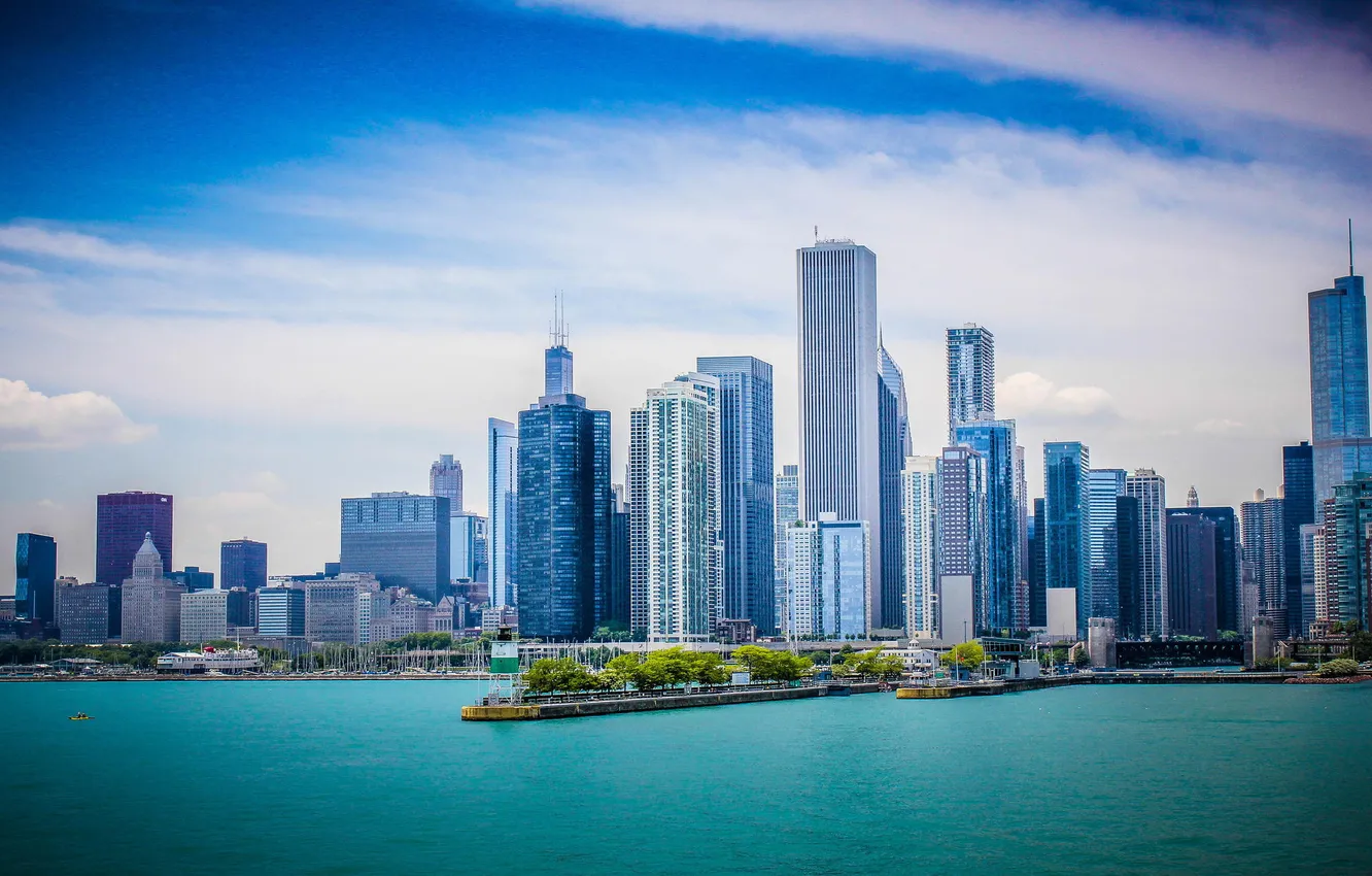 Фото обои небо, вода, город, река, небоскребы, Чикаго, панорама, Иллиноис