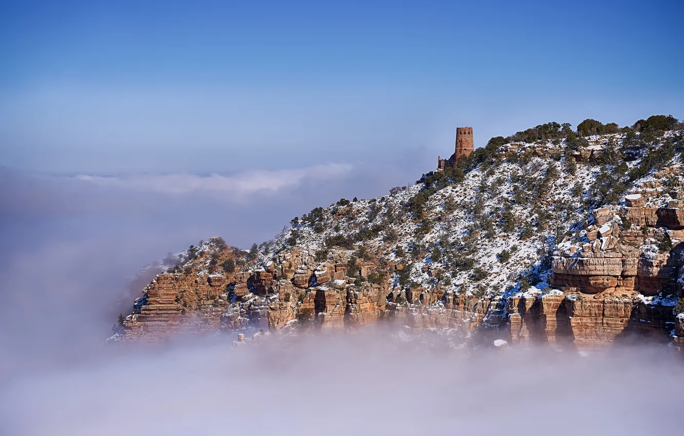 Фото обои небо, снег, горы, скалы, башня, каньон, Аризона, США