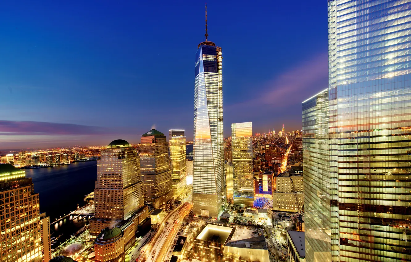 Фото обои город, огни, здания, Нью-Йорк, небоскребы, вечер, USA, США