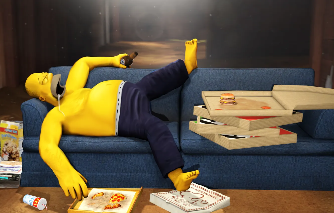 Фото обои бутылка, пиво, Гомер, пицца, The Simpsons, Си́мпсоны