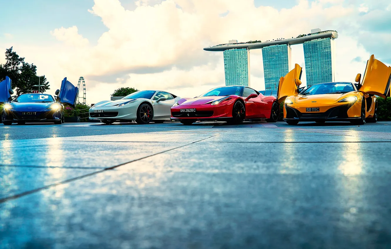 Фото обои Singapore, Marina Bay, Supercar lineup, Sands hotel, Clifford Square