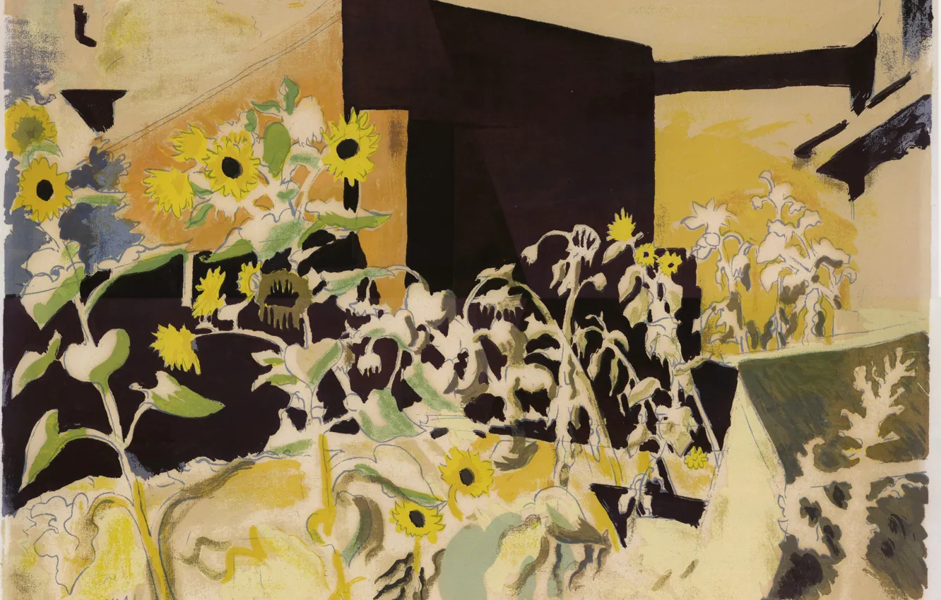 Фото обои 1942, Charles Ephraim Burchfield, Sunflowers and Red Barn