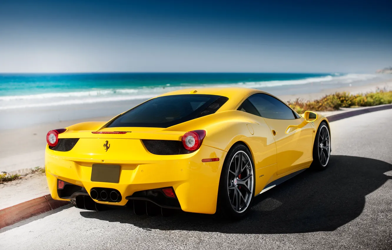 Фото обои Ferrari, 458, sea, yellow, tuning, Italia