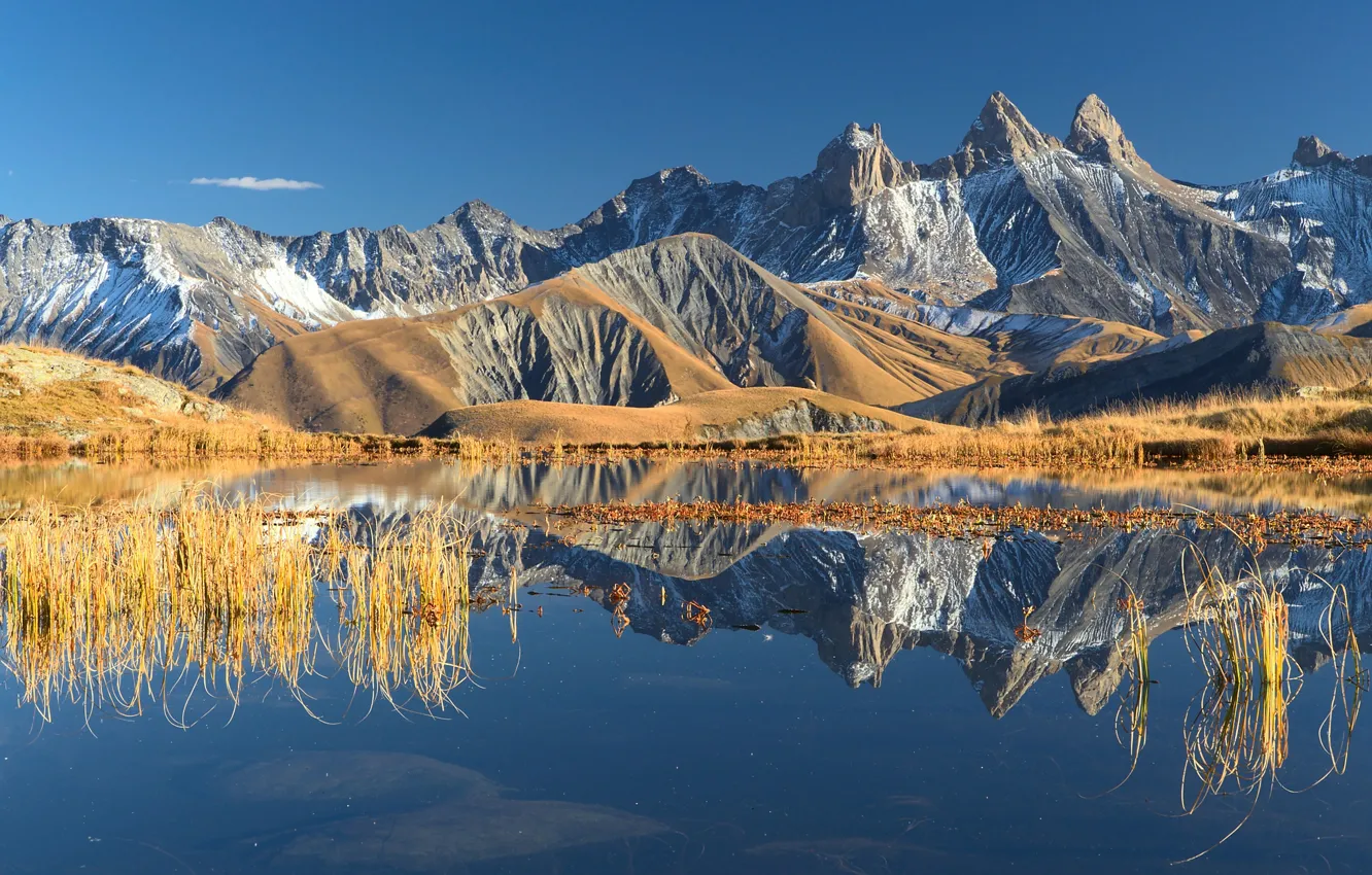 Фото обои осень, небо, отражения, горы, озеро, Франция, Альпы, Октябрь