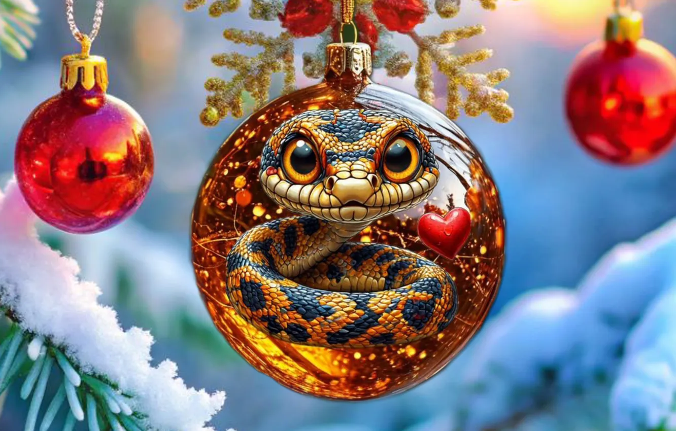 Фото обои праздник, новый год, змея, глазки, new year, Christmas, боке, елочная игрушка