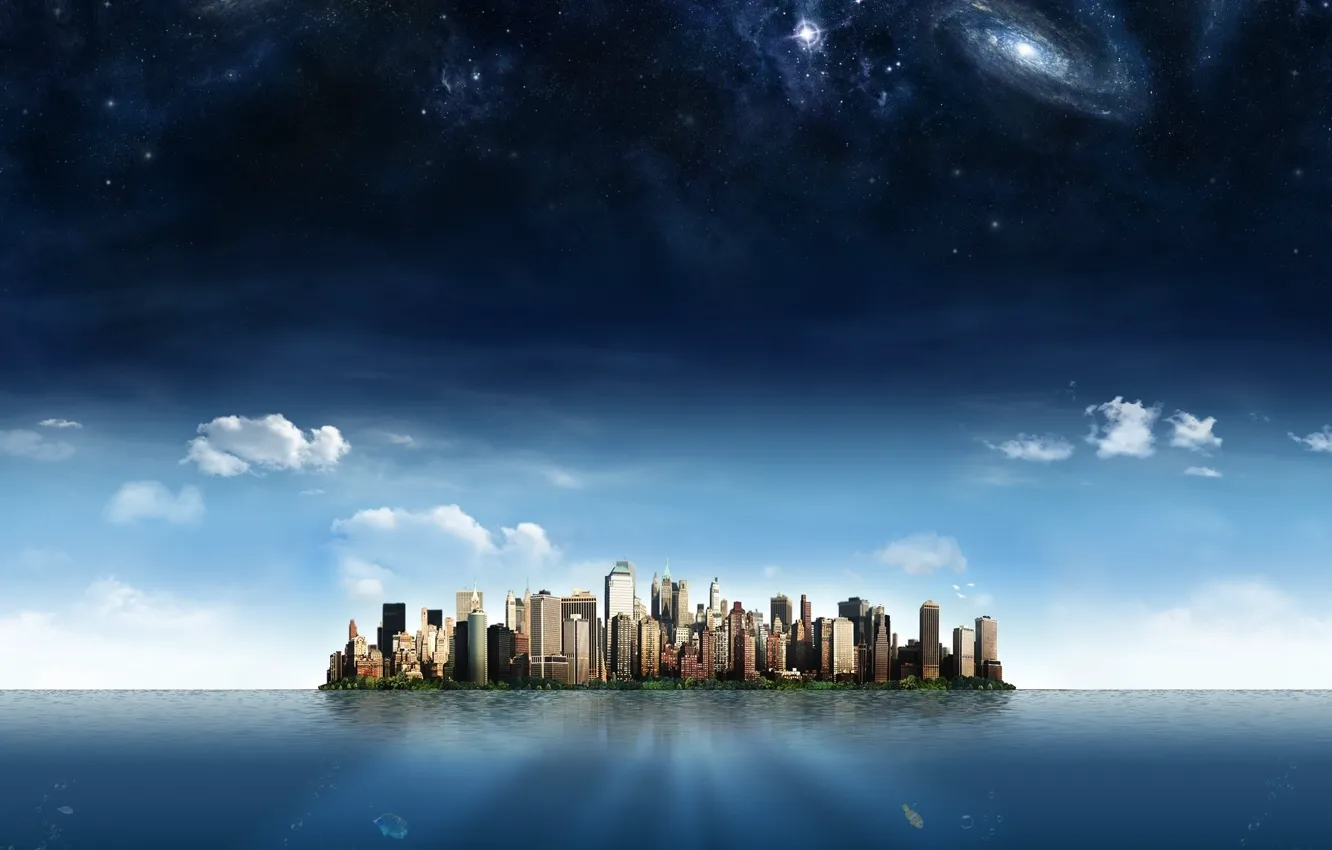 Фото обои небо, звезды, облака, город, океан, остров, небоскребы, галактика